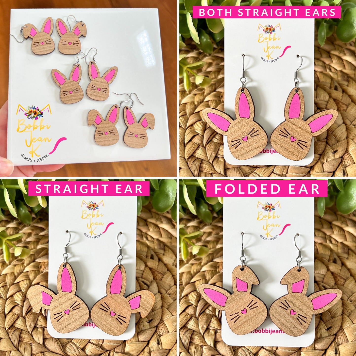 Hand Painted Bunny Wood Earrings: Choose From 3 Styles
