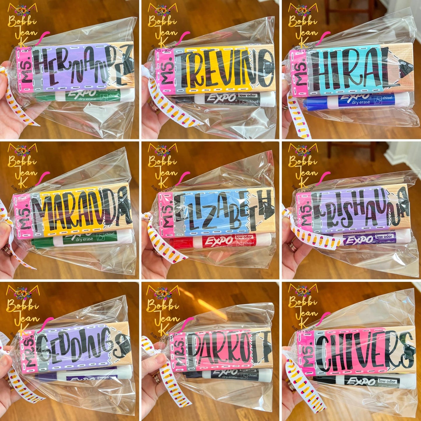 Hand Painted & Lettered Dry Erase Eraser + Marker Gift Set: Choose from 5 Pencil Colors