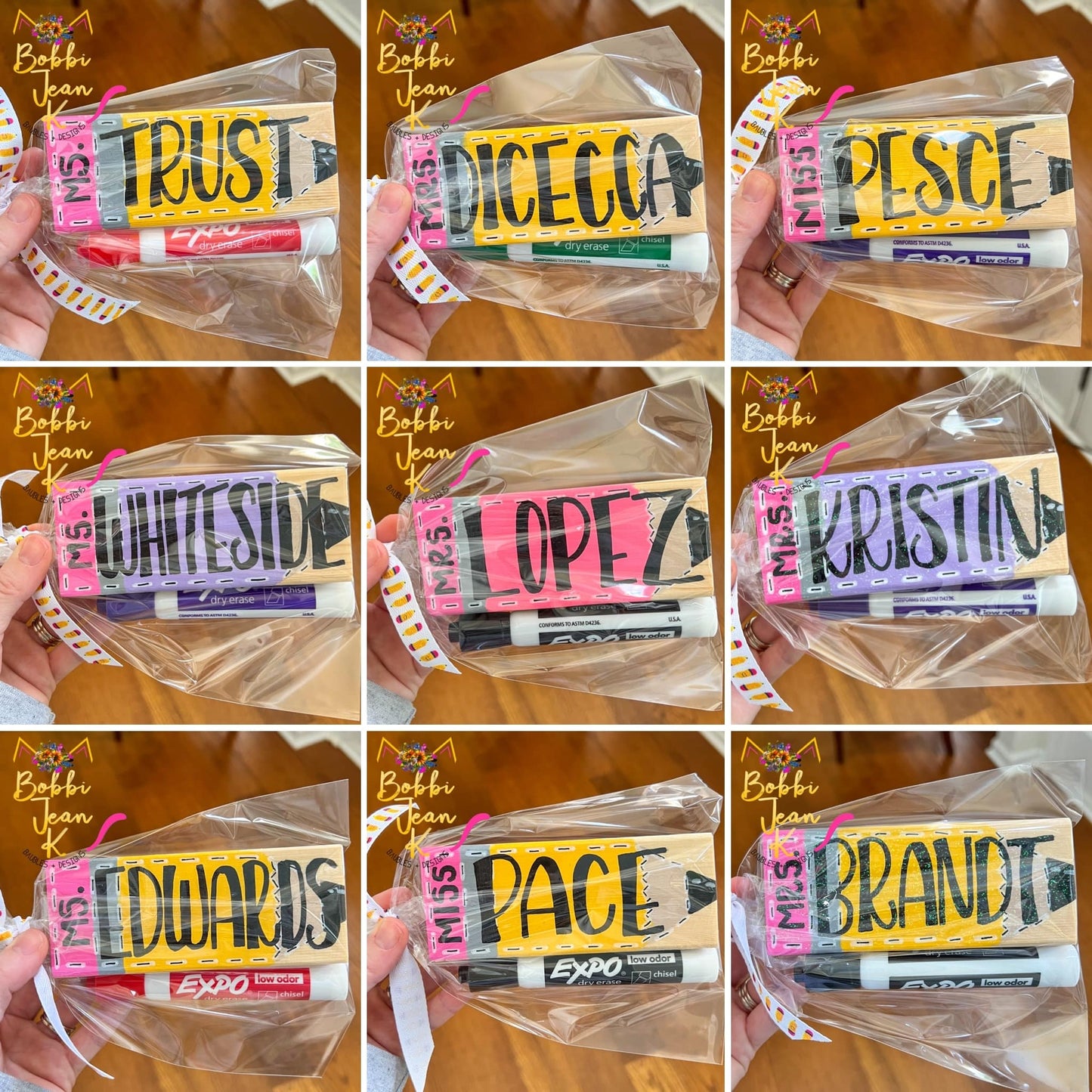 Hand Painted & Lettered Dry Erase Eraser + Marker Gift Set: Choose from 5 Pencil Colors