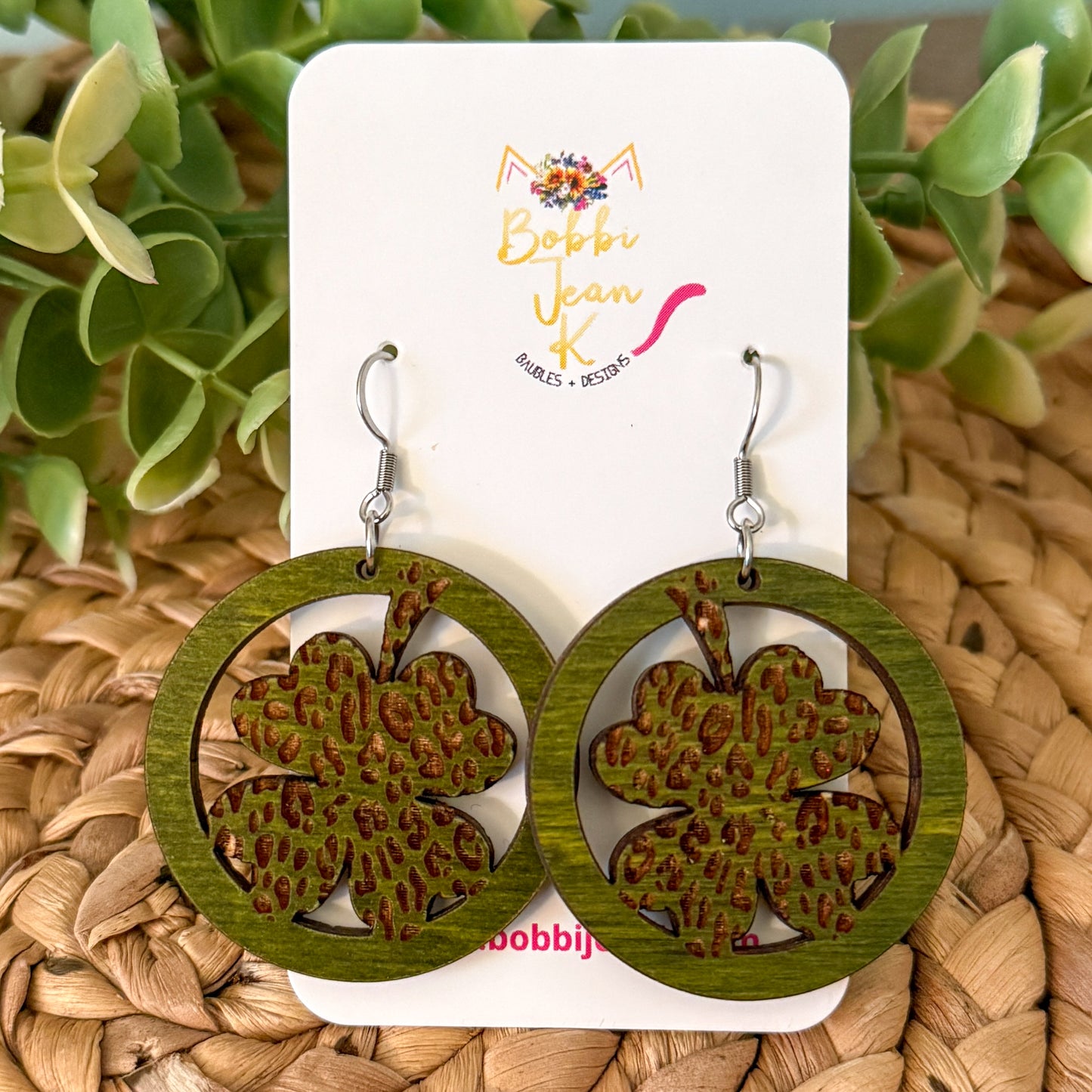 SALE: Engraved Shamrock Circle Green Dyed Wood Earrings - ONLY ONE LEFT