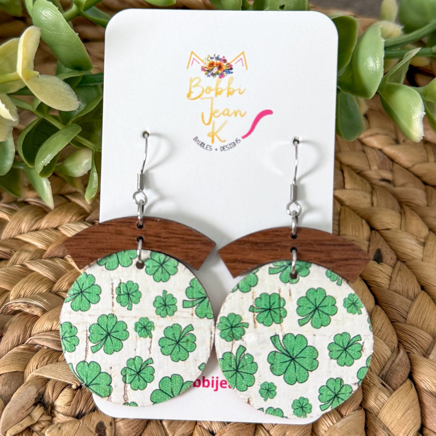 Clover Circle Drop Cork on Leather Earrings with Dark Wood Arc - LAST CHANCE