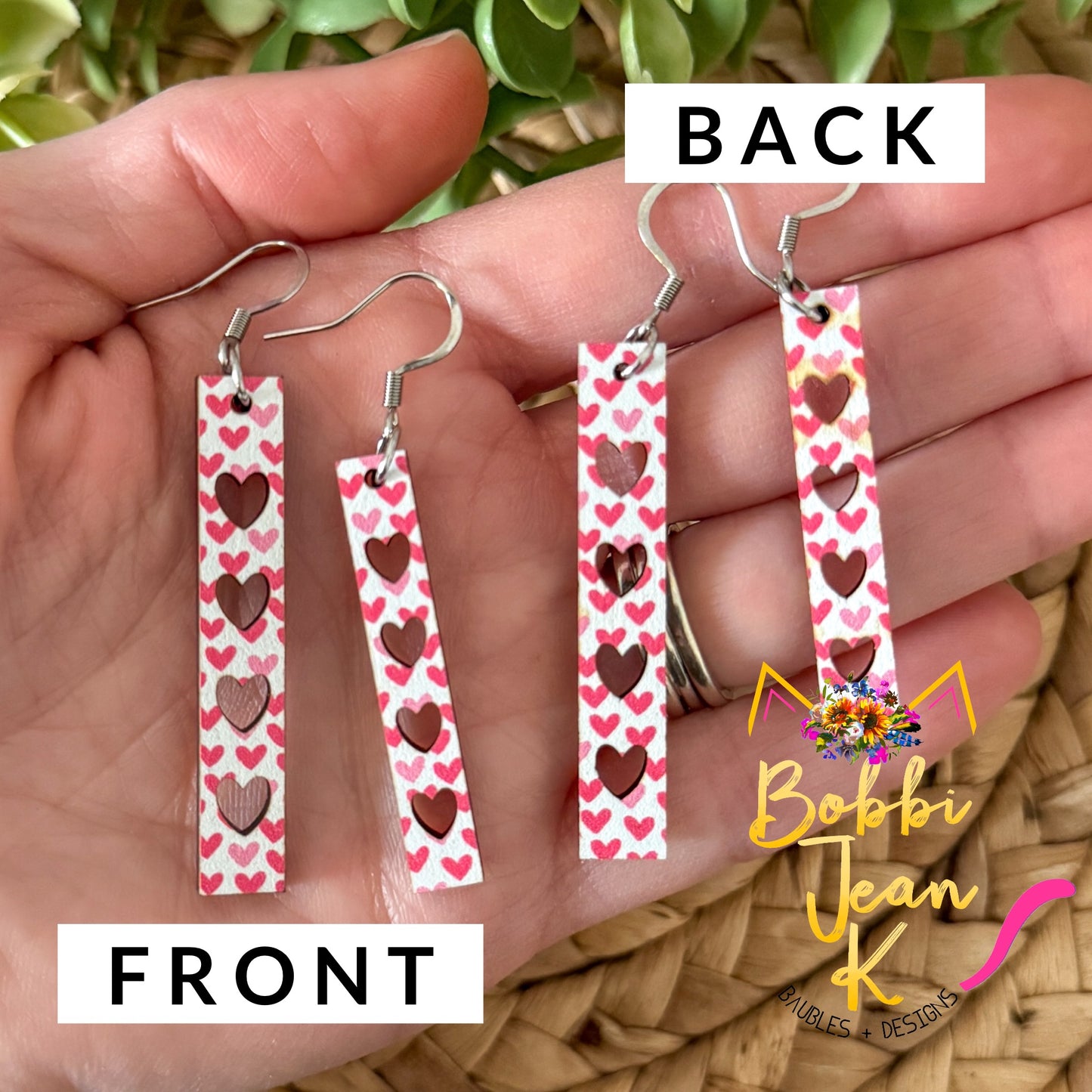 Mini Heart Slim Bar Wood Earrings: Choose From 2 Sizes