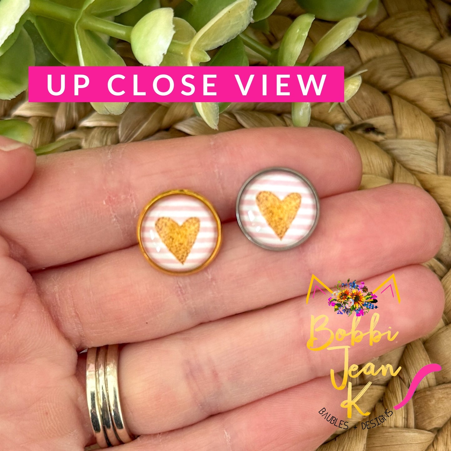 SALE: Gold Heart & Pink Striped Glass Studs 12mm: Choose Silver or Gold Settings - LAST CHANCE