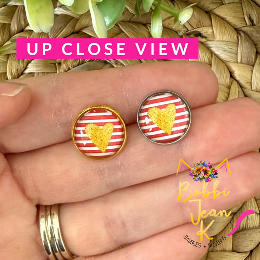 SALE: Gold Heart & Red Striped Glass Studs 12mm: Choose Silver or Gold Settings - LAST CHANCE