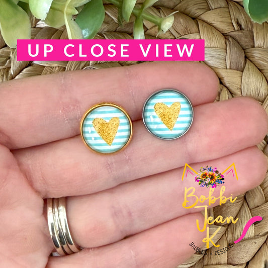 SALE: Gold Heart & Teal Striped Glass Studs 12mm: Choose Silver or Gold Settings - LAST CHANCE
