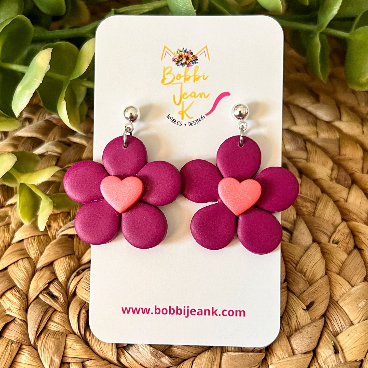 Plum Flower with Heart Center Clay Earrings: Choose From 2 Color Hearts
