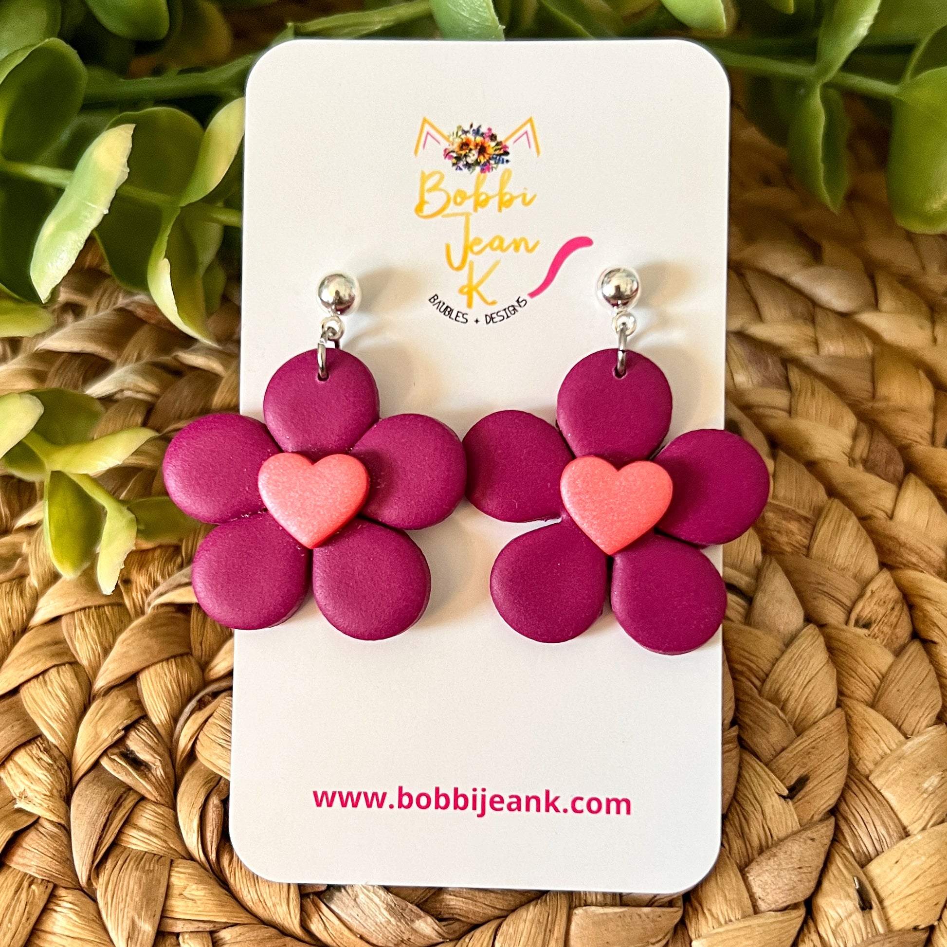 Plum Flower with Heart Center Clay Earrings: Choose From 2 Color Hearts