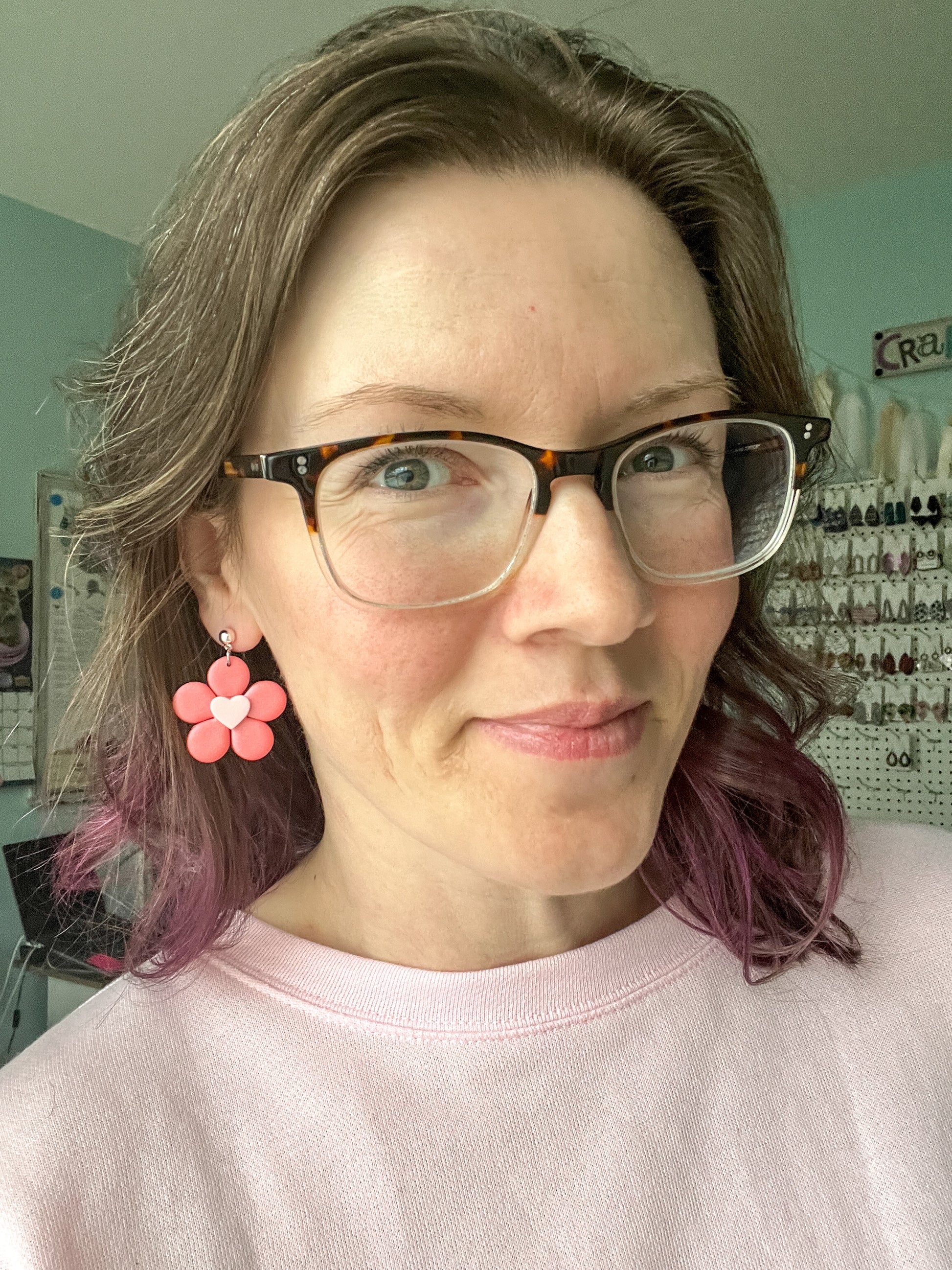 "Shimmer Sunset" Flower with Heart Center Clay Earrings: Choose From 2 Color Hearts