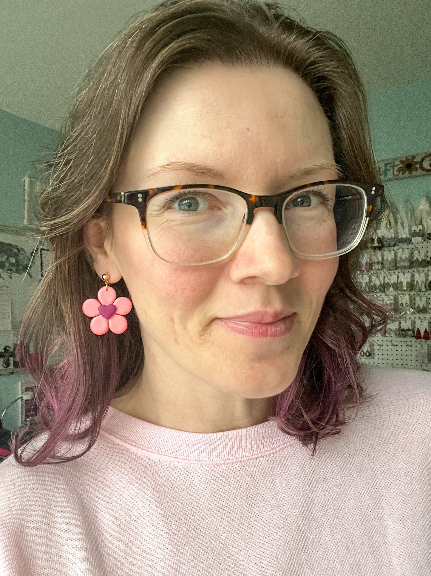 "Shimmer Sunset" Flower with Heart Center Clay Earrings: Choose From 2 Color Hearts