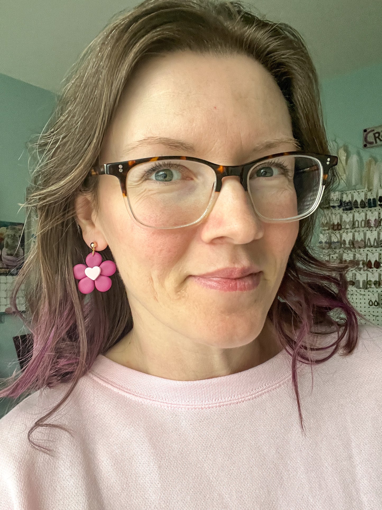 Plum Flower with Heart Center Clay Earrings: Choose From 2 Color Hearts