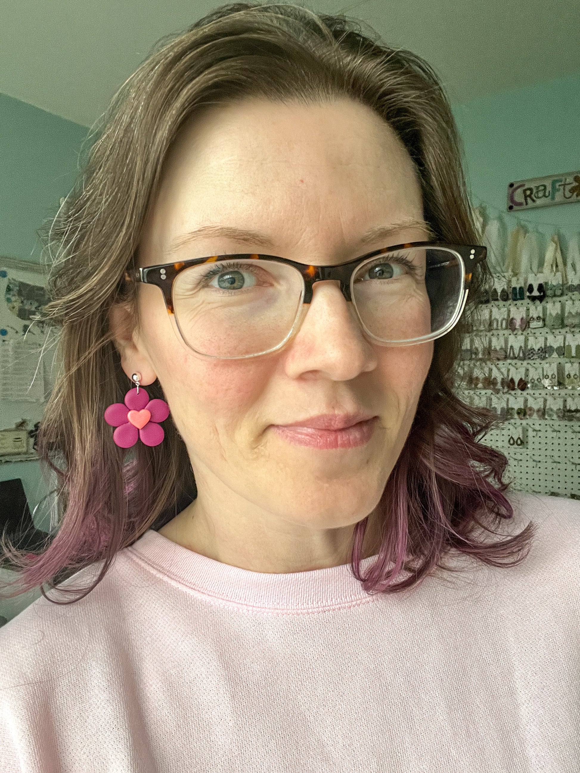 Plum Flower with Heart Center Clay Earrings: Choose From 2 Color Hearts