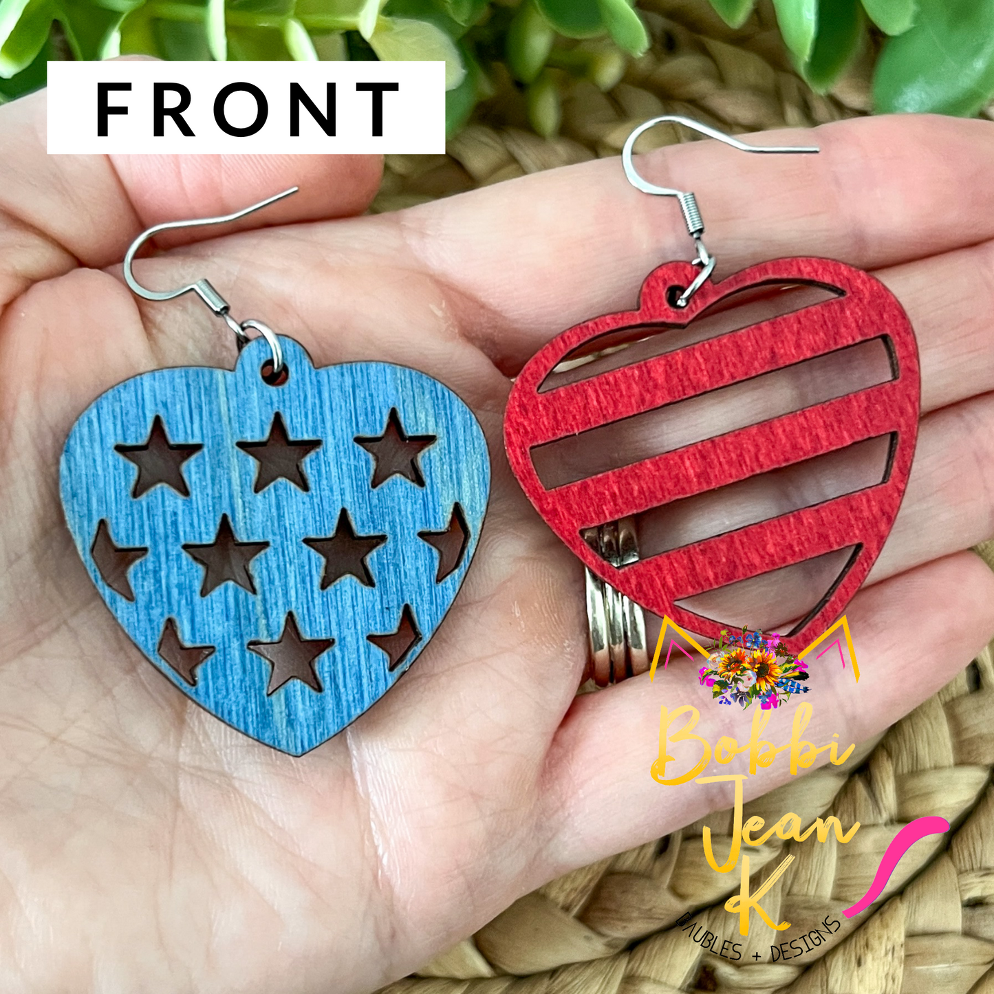 Stars & Stripes Heart Shaped Dyed Wood Earrings