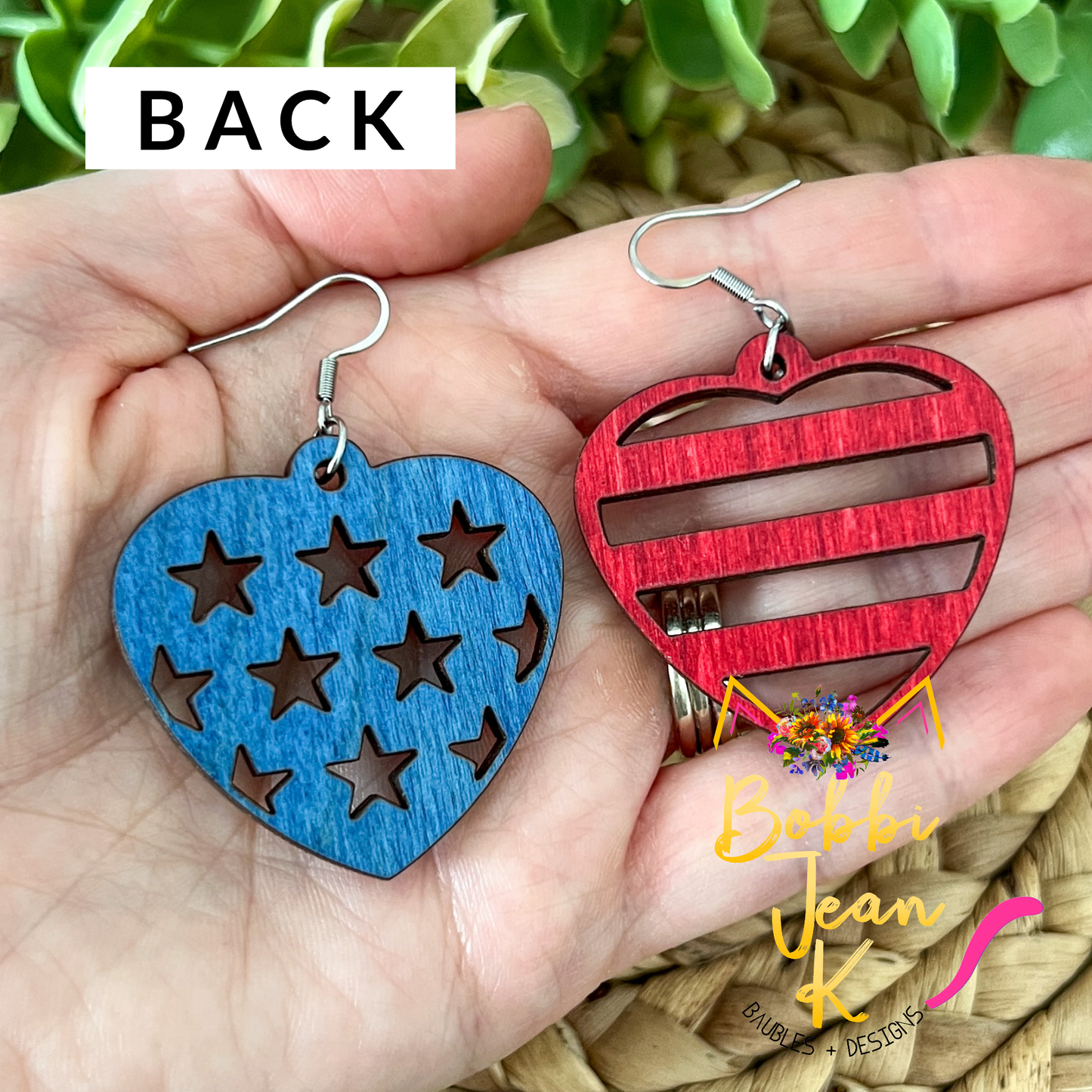Stars & Stripes Heart Shaped Dyed Wood Earrings