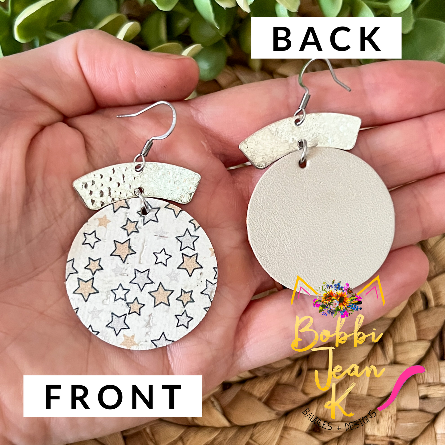 Multi Stars Cork on Leather Circle Drop Earrings with Silver Brass Arc