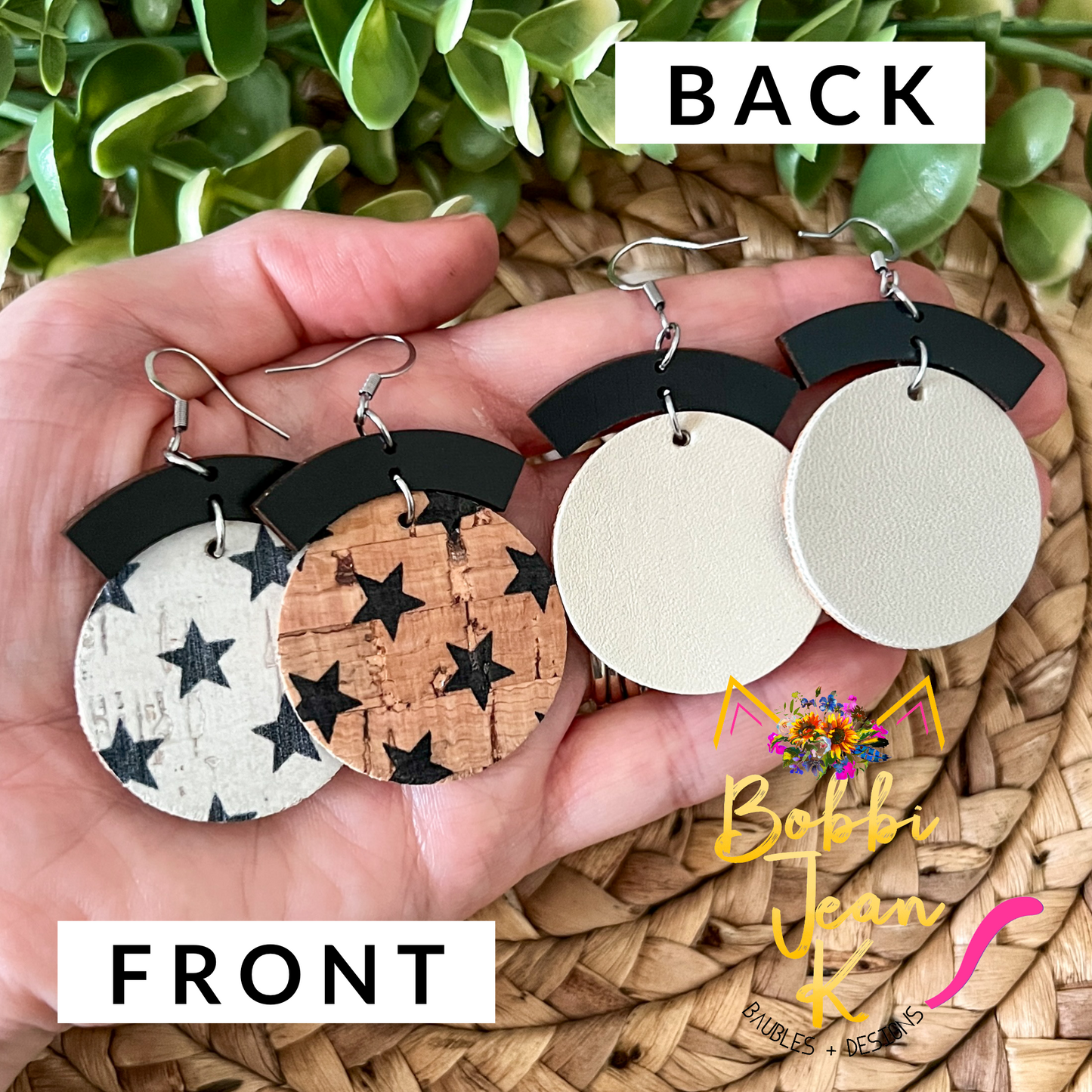 Black Stars on Natural or White Cork on Leather Circle Drop Earrings