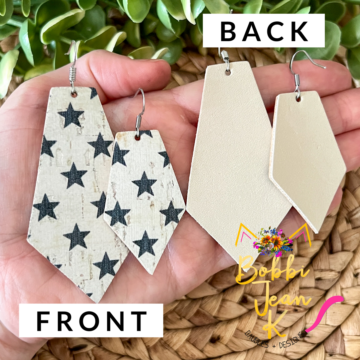 Black Stars on White Cork on Leather Pointed Pentagon Earrings: Choose From 2 Sizes