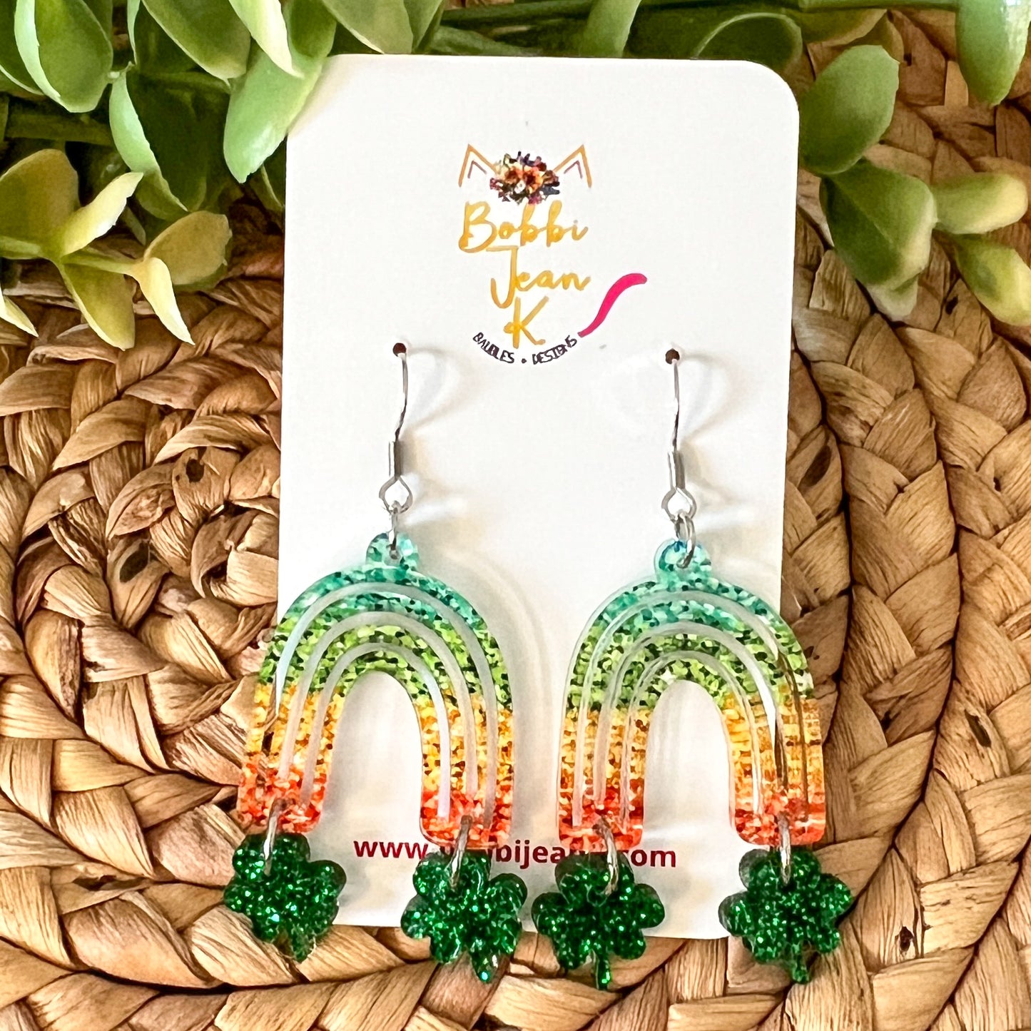 Colorful Rainbow with Glittered Clovers Acrylic Earrings: Choose From 2 Color Ways