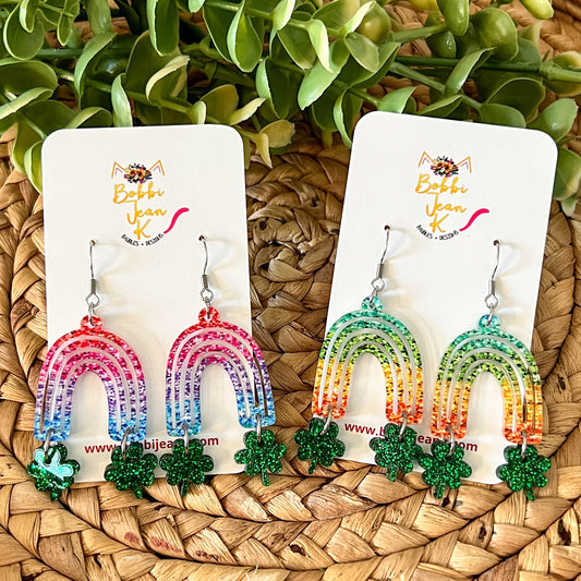 Colorful Rainbow with Glittered Clovers Acrylic Earrings: Choose From 2 Color Ways