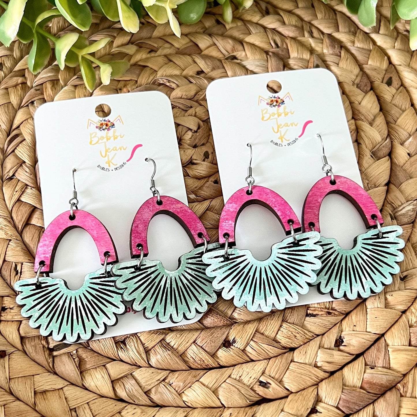 Scalloped Arch Hand Stained Wood Earrings - Double Sided: Choose From 2 Sizes (a July Bestie Box Pair)