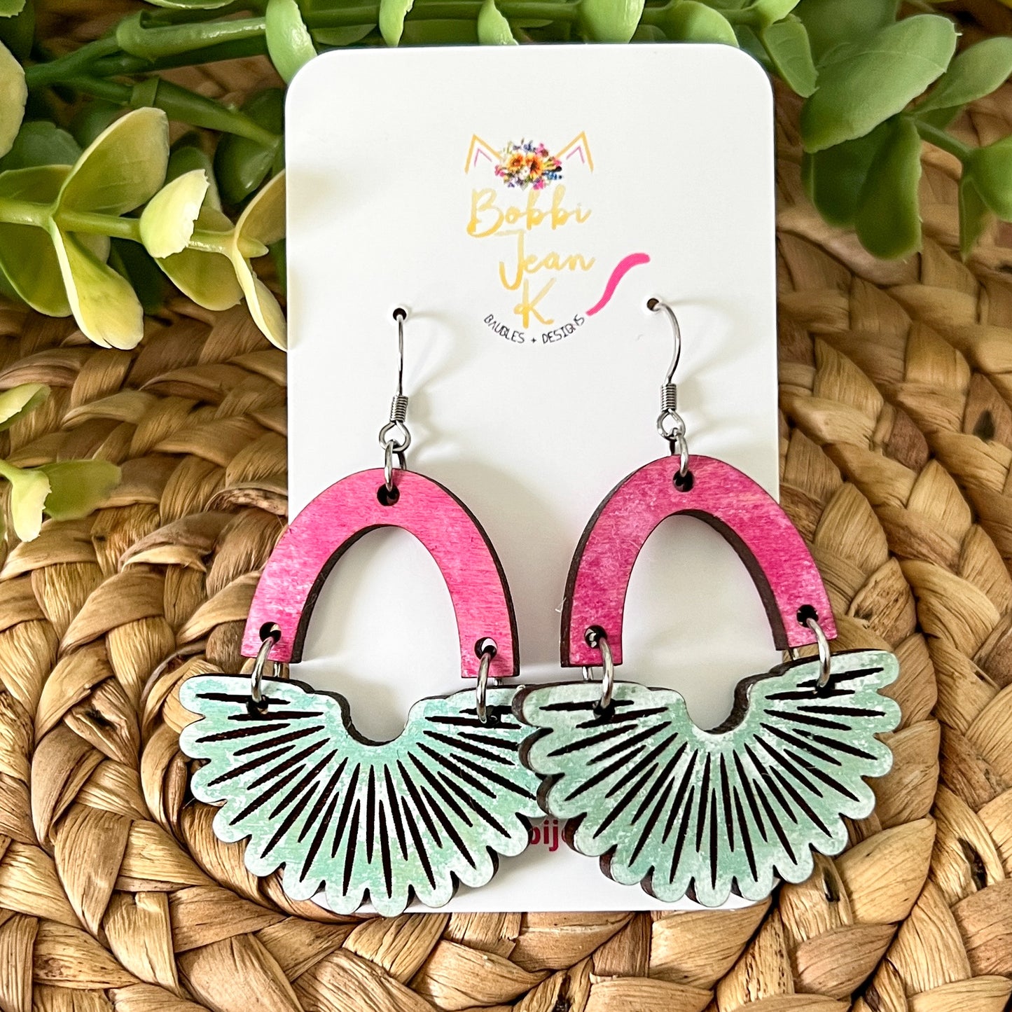Scalloped Arch Hand Stained Wood Earrings - Double Sided: Choose From 2 Sizes (a July Bestie Box Pair)
