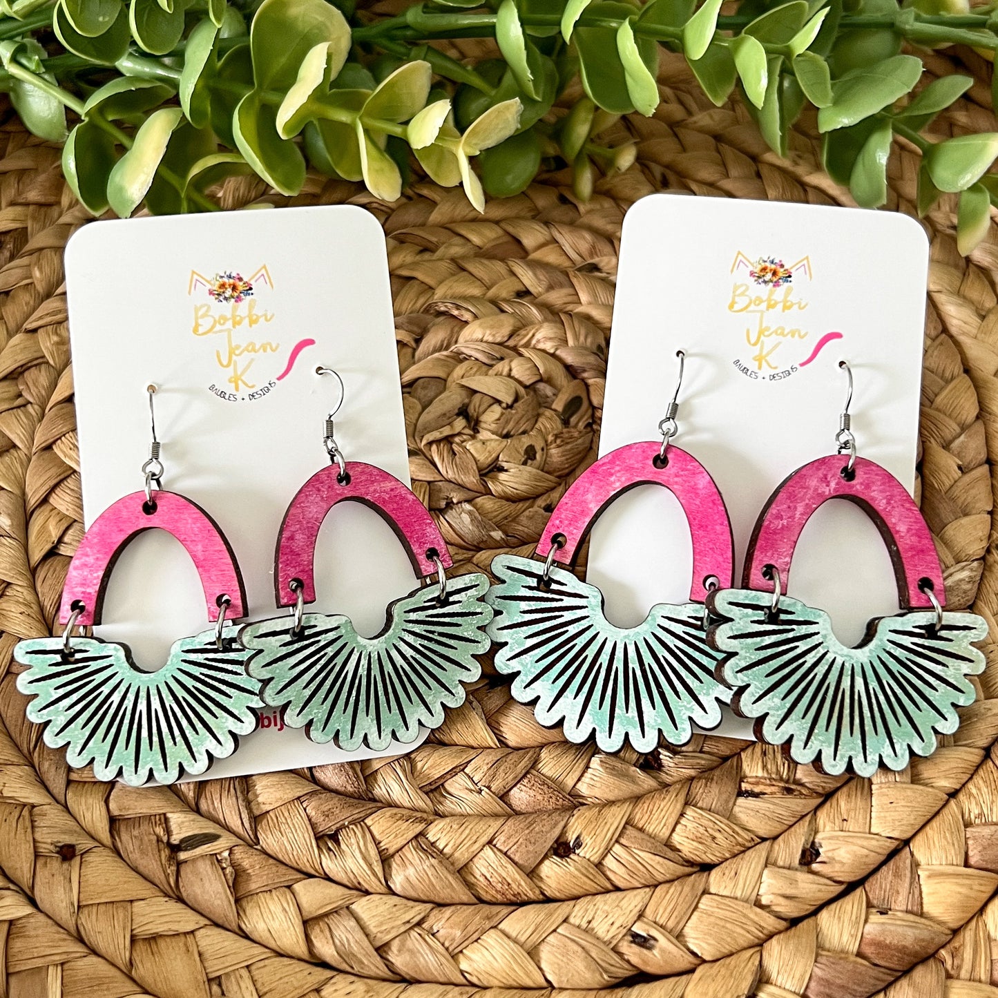 Scalloped Arch Hand Stained Wood Earrings - Double Sided: Choose From 2 Sizes (a July Bestie Box Pair)