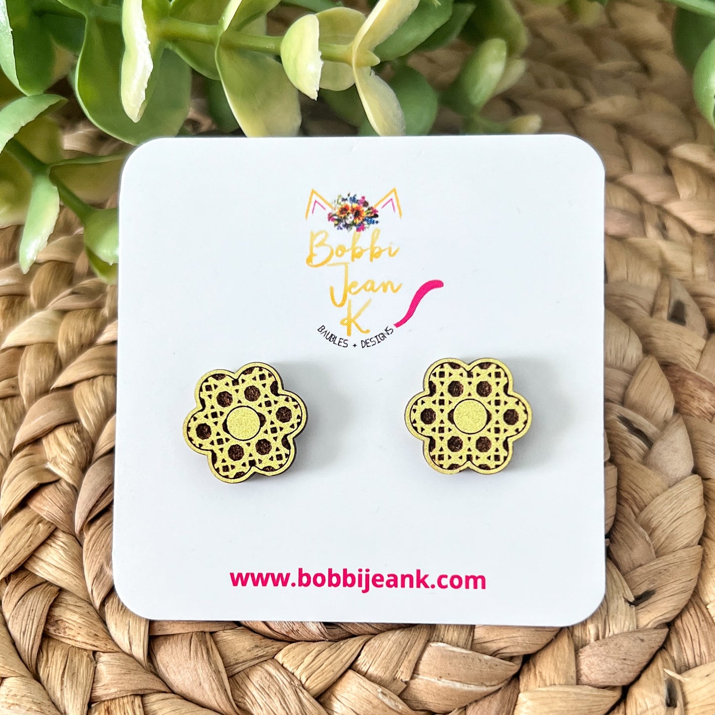 SALE: Rattan Style Yellow Flower Wood Studs - ONLY ONE LEFT