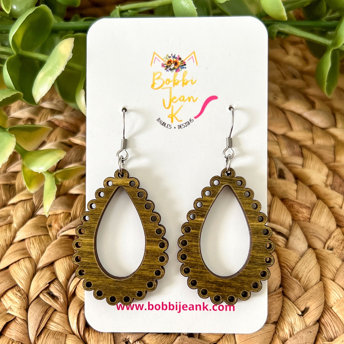 "Lace" Moss Green Dyed Wood Teardrop Earrings - Choose From 2 Sizes