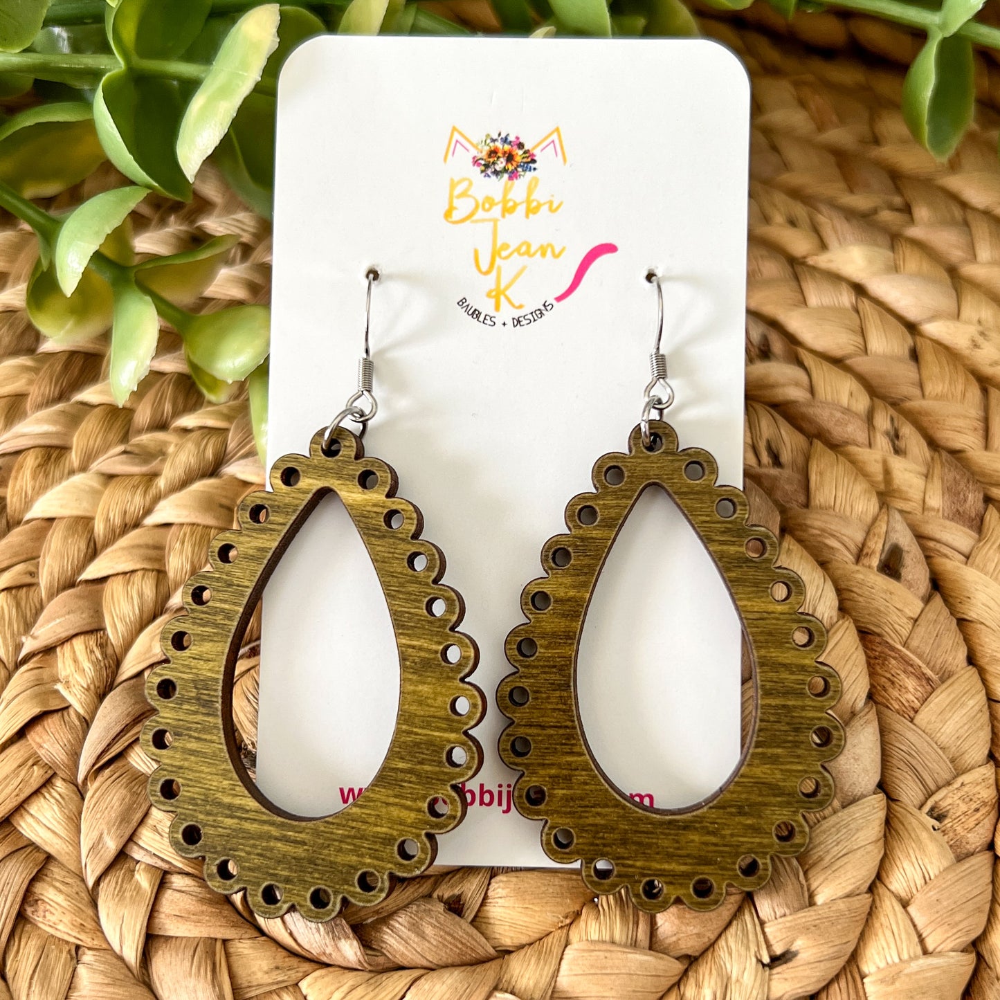 "Lace" Moss Green Dyed Wood Teardrop Earrings - Choose From 2 Sizes
