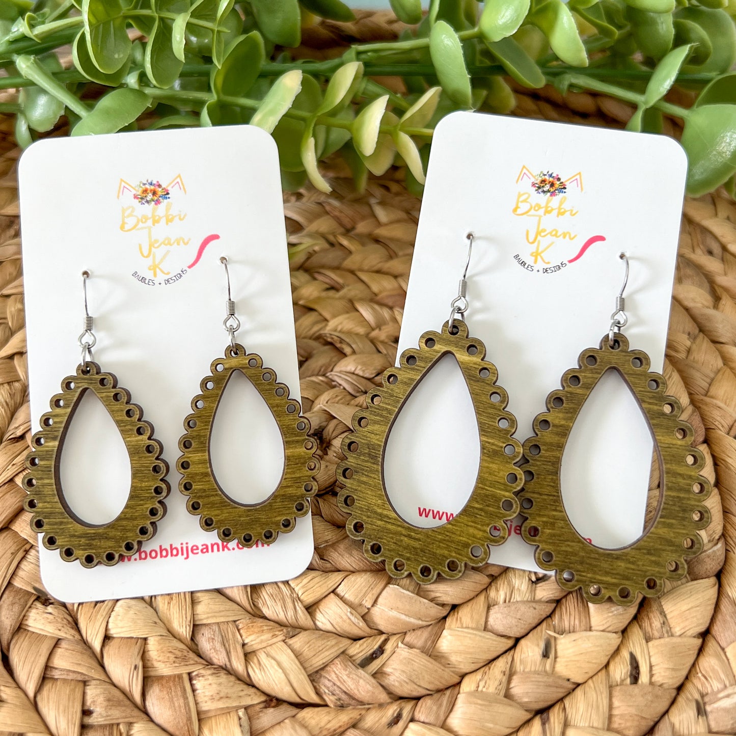 "Lace" Moss Green Dyed Wood Teardrop Earrings - Choose From 2 Sizes