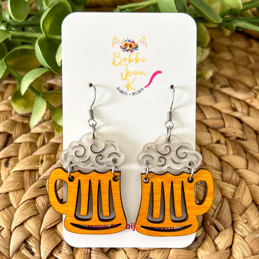 Beer Mug Wood & Acrylic Earrings