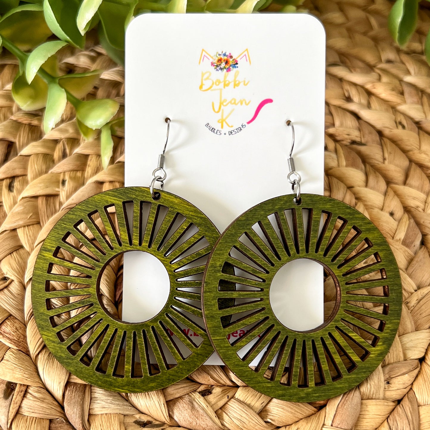 Sage Green Circle Cutout Dyed Wood Earrings - Choose From 2 Sizes