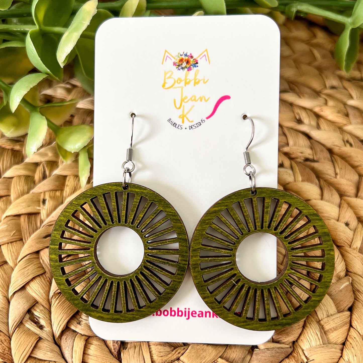 Sage Green Circle Cutout Dyed Wood Earrings - Choose From 2 Sizes