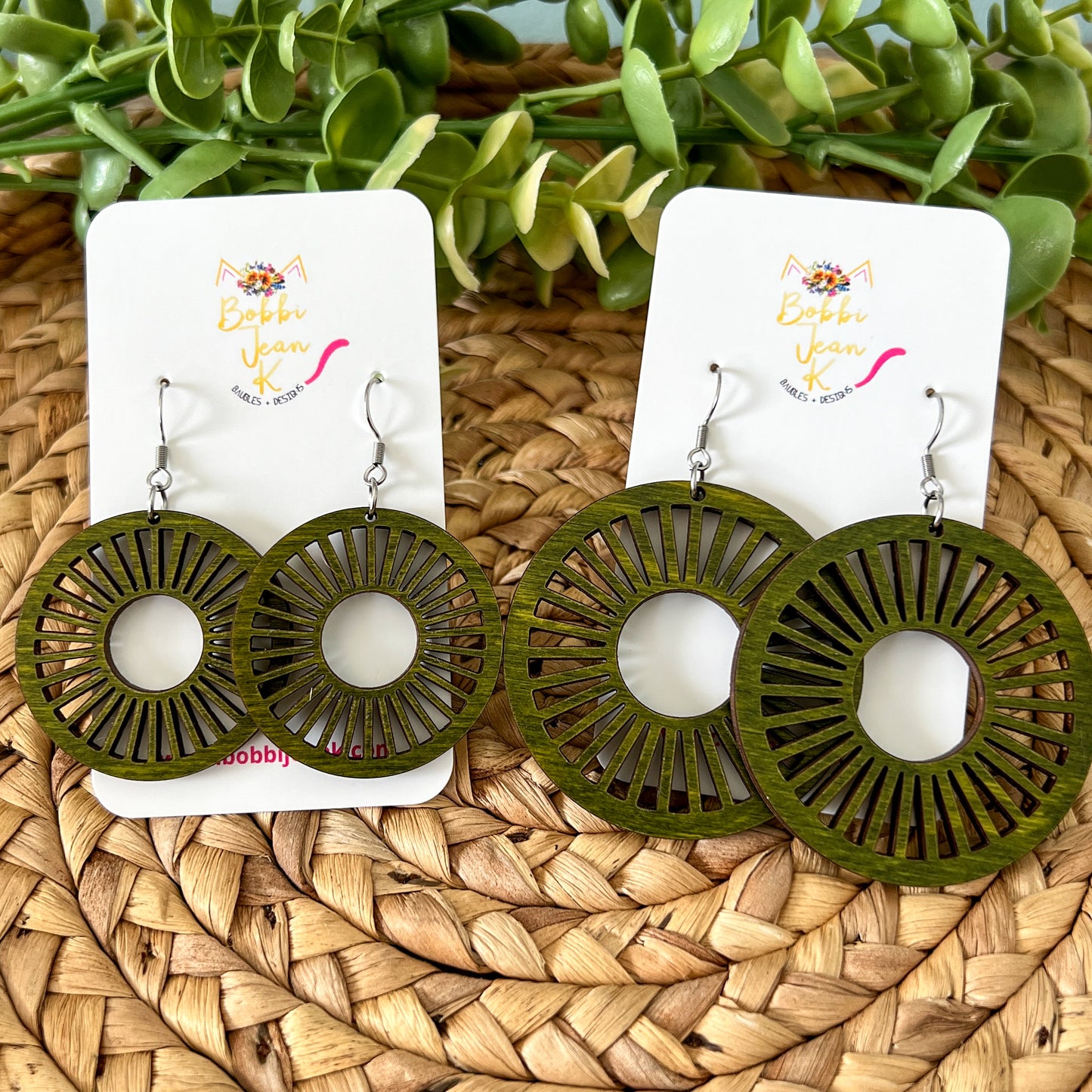 Sage Green Circle Cutout Dyed Wood Earrings - Choose From 2 Sizes