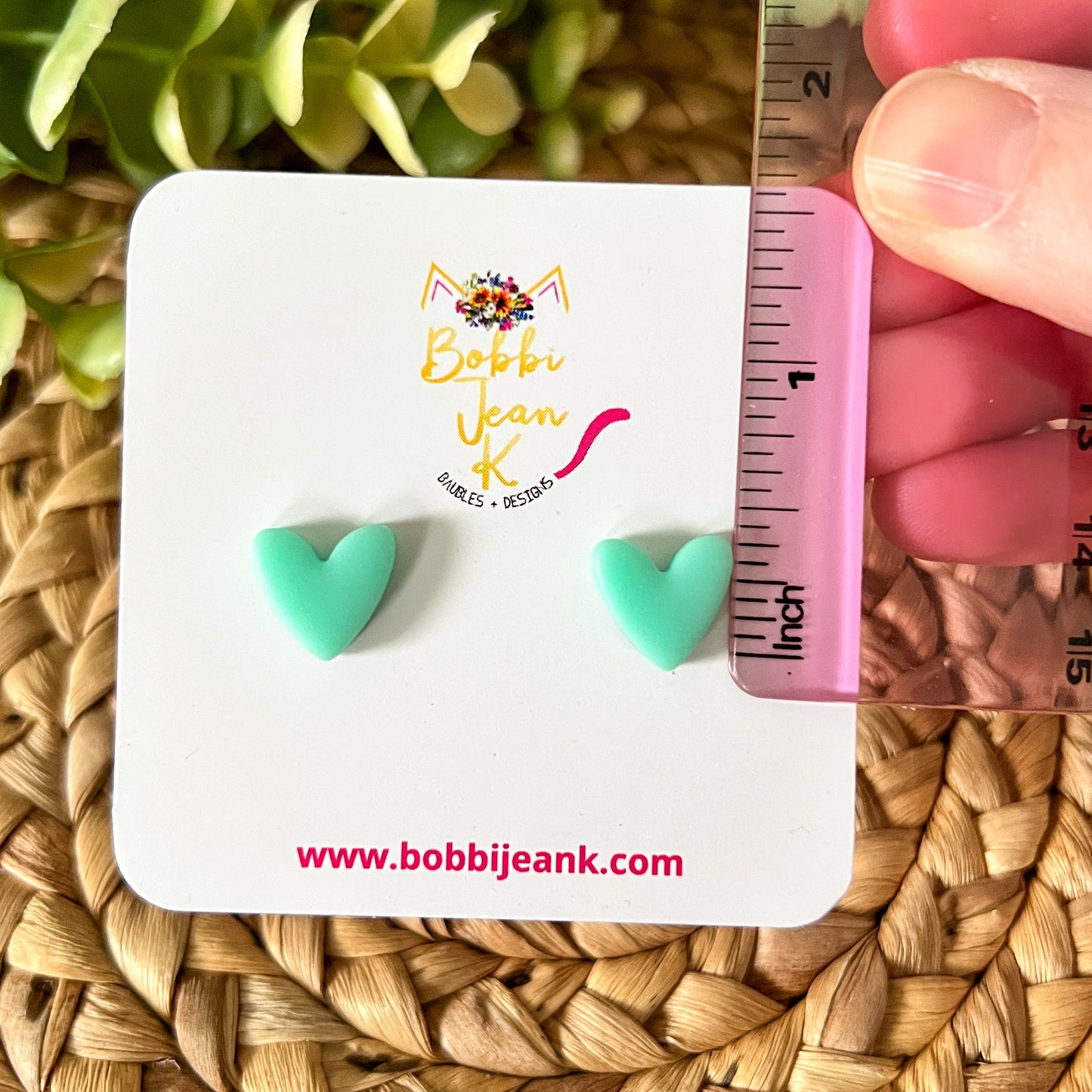 Mint Green Clay Heart Studs: Choose 12mm or 8mm Size Options - LAST CHANCE