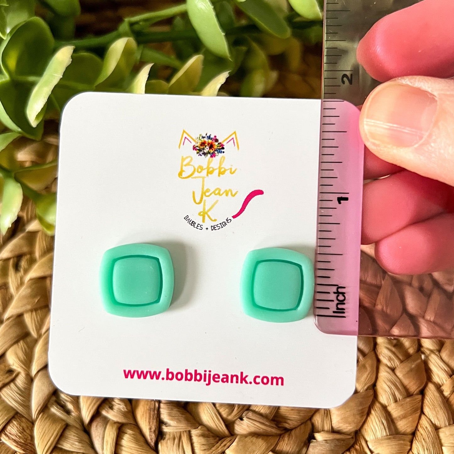 SALE: Mint Green "Piped" Square Clay Studs: Choose Solid, Silver, or Gold Rimmed - LAST CHANCE