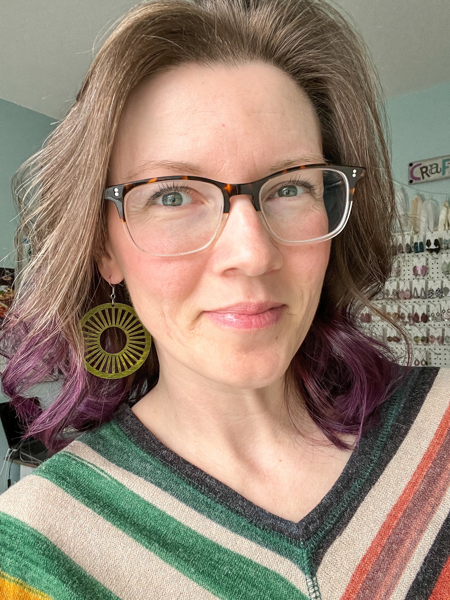 Sage Green Circle Cutout Dyed Wood Earrings - Choose From 2 Sizes