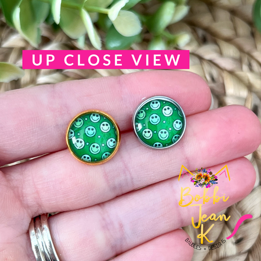 SALE: Retro Smile Glass Studs 12mm: Choose Silver or Gold Settings - LAST CHANCE