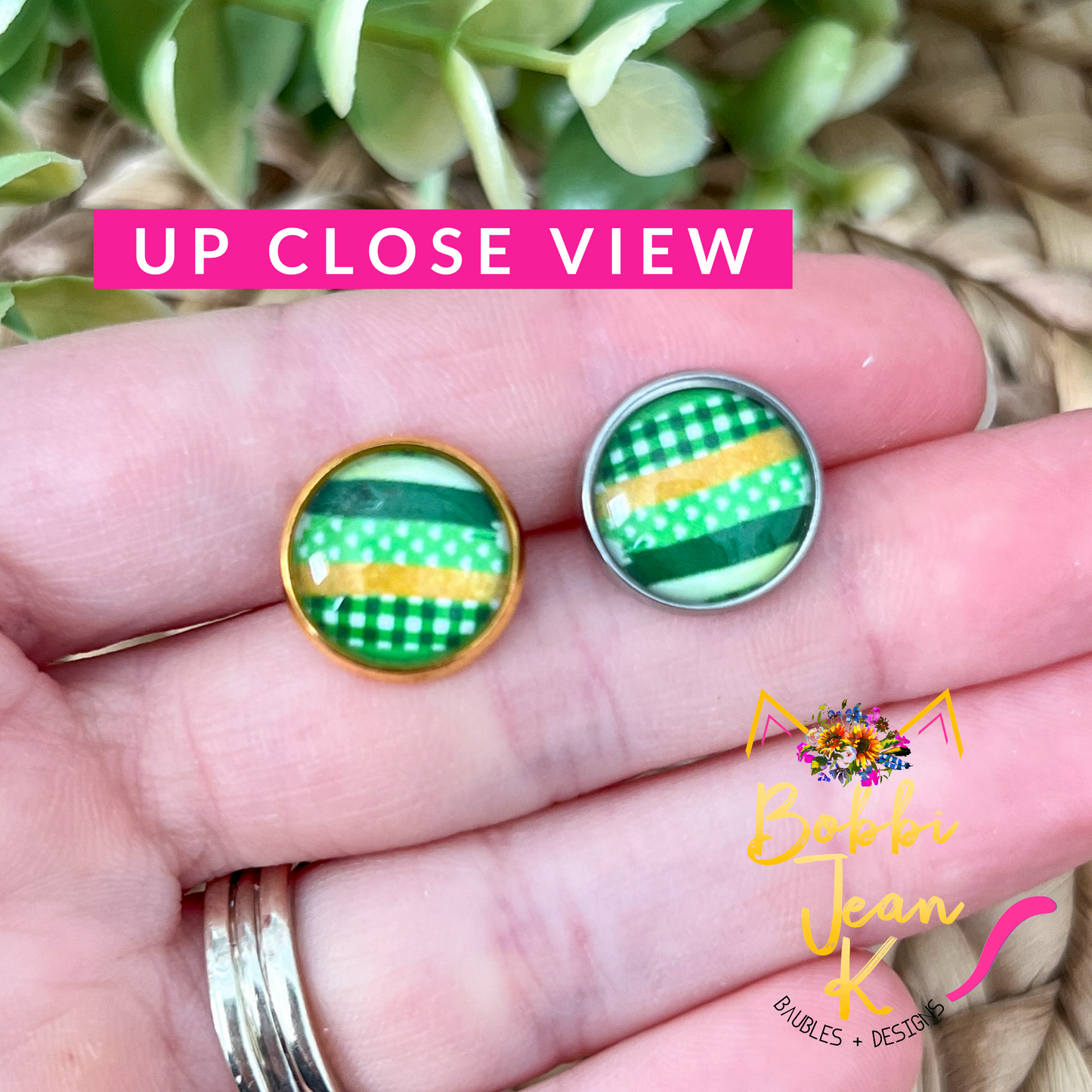 SALE: Green Patchwork Glass Studs 12mm: Choose Silver or Gold Settings - LAST CHANCE