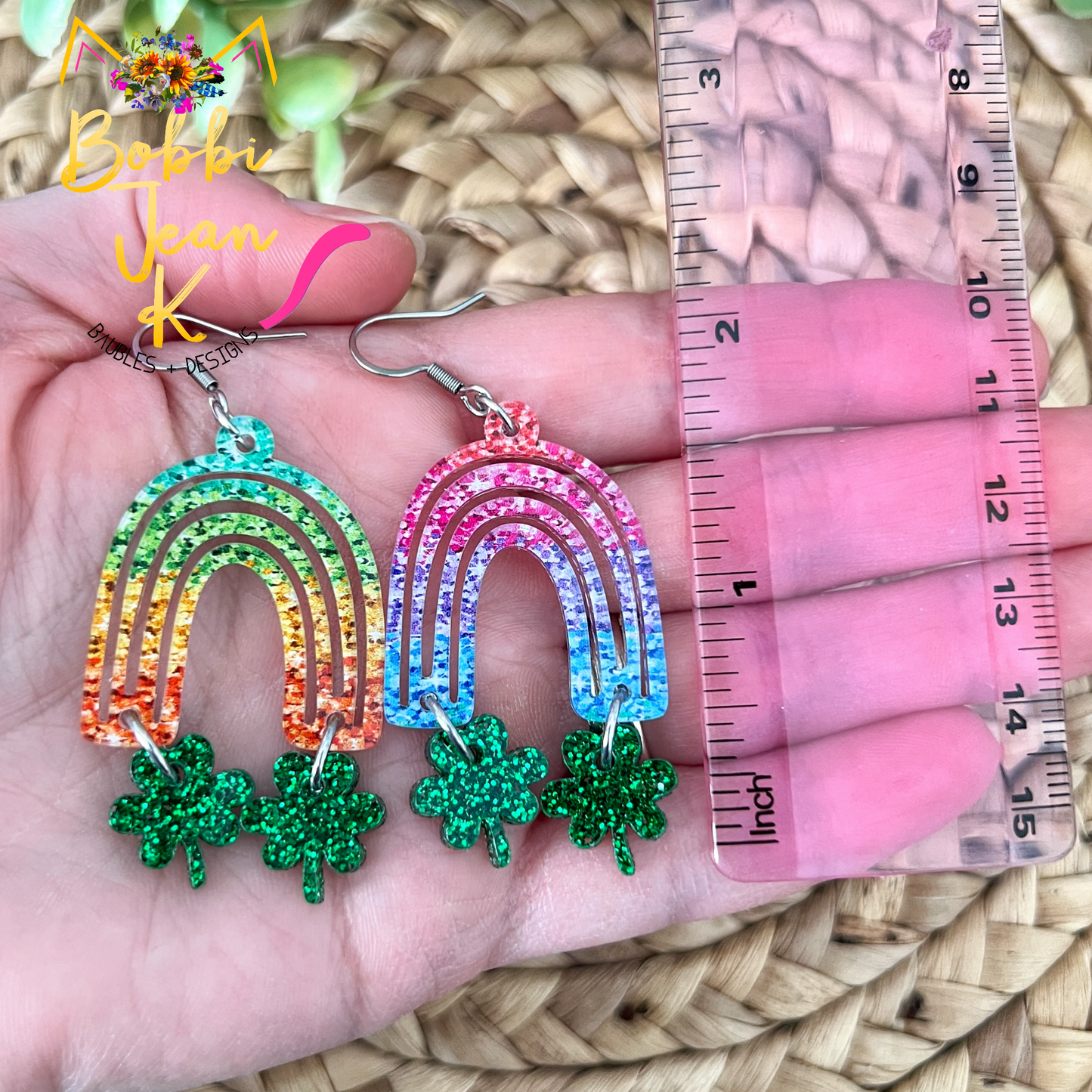 Colorful Rainbow with Glittered Clovers Acrylic Earrings: Choose From 2 Color Ways