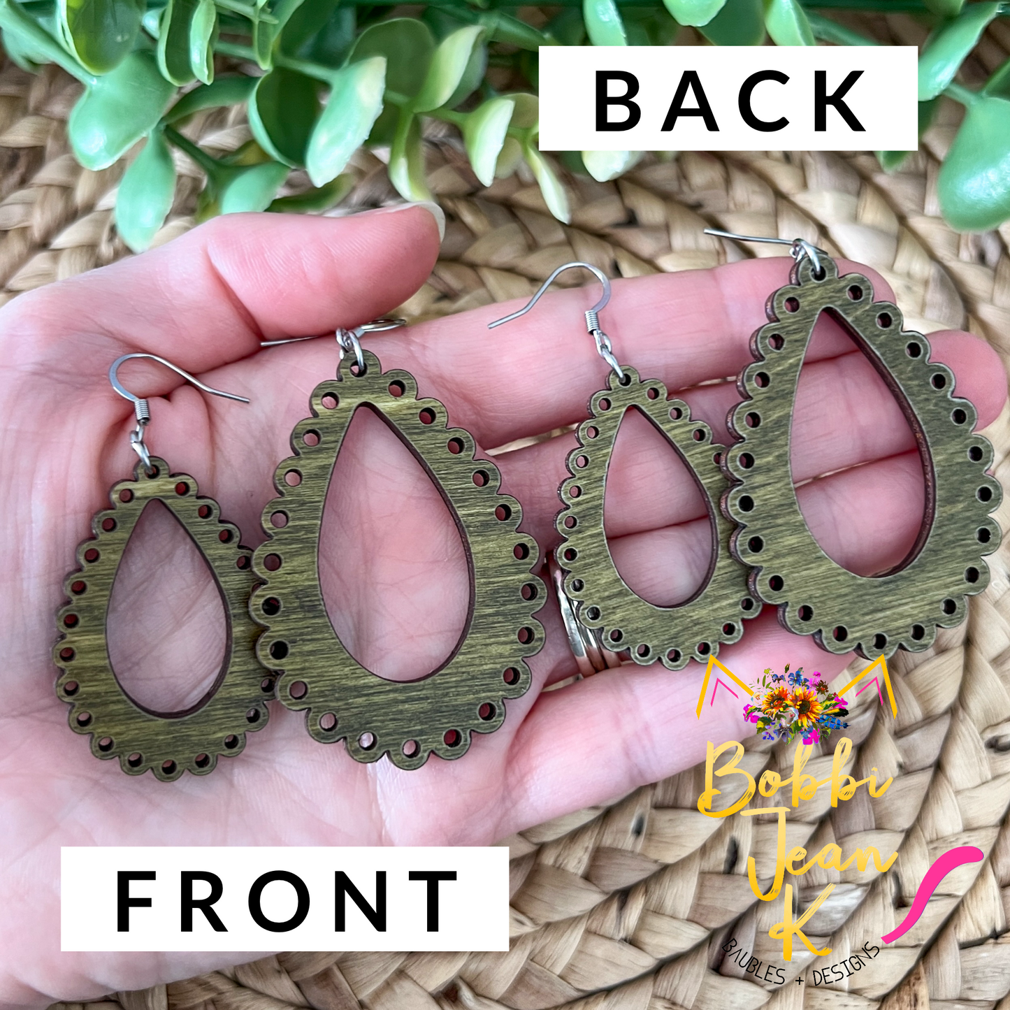 "Lace" Moss Green Dyed Wood Teardrop Earrings - Choose From 2 Sizes