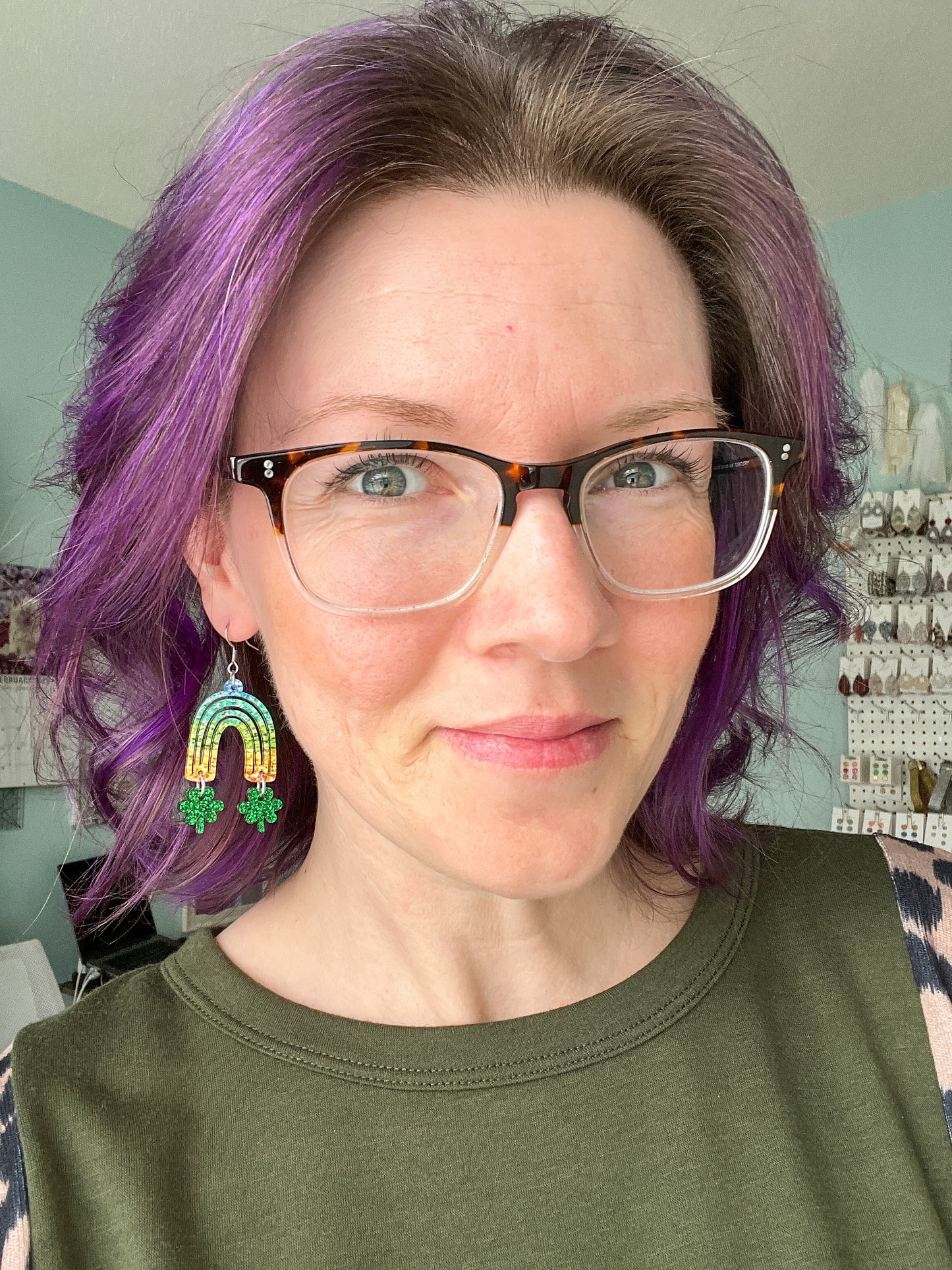 Colorful Rainbow with Glittered Clovers Acrylic Earrings: Choose From 2 Color Ways