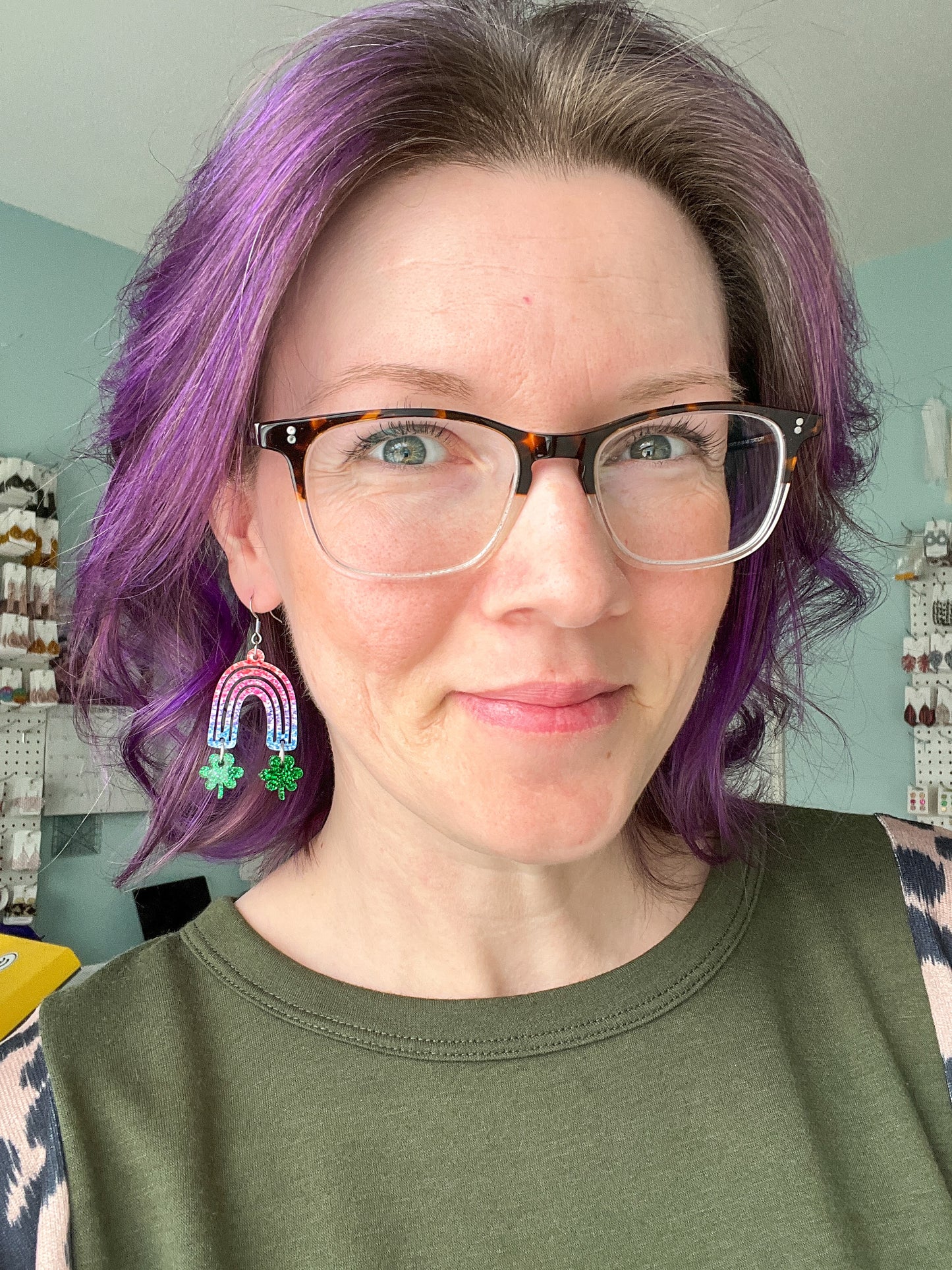 Colorful Rainbow with Glittered Clovers Acrylic Earrings: Choose From 2 Color Ways