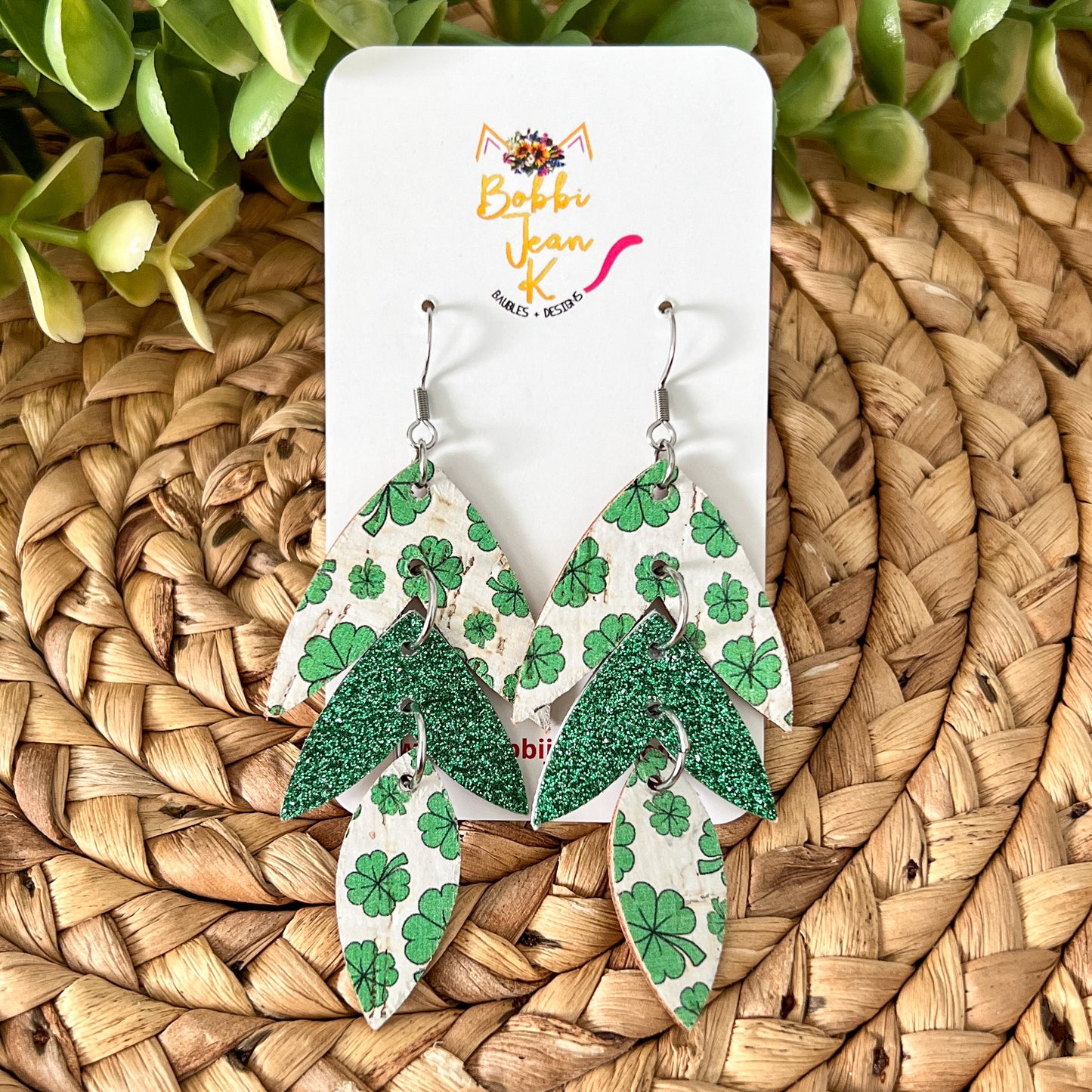 Cascading Shamrock Cork on Leather Earrings: Choose From 2 Colors - LAST CHANCE