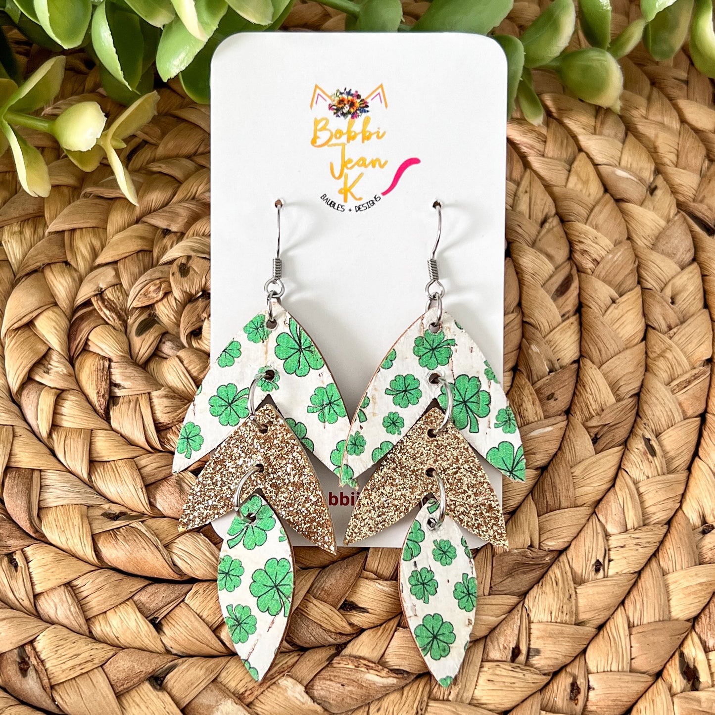 SALE: Cascading Shamrock Cork on Leather Earrings - ONLY ONE GOLD LEFT