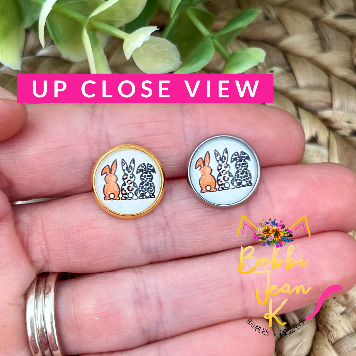 SALE: Bunny Butts Glass Studs 12mm: Choose Silver or Gold Settings - LAST CHANCE