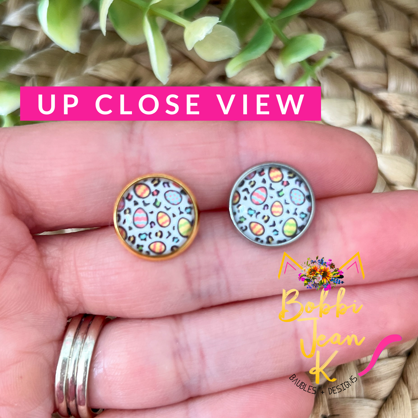 SALE: Colorful Eggs Glass Studs 12mm: Choose Silver or Gold Settings - LAST CHANCE