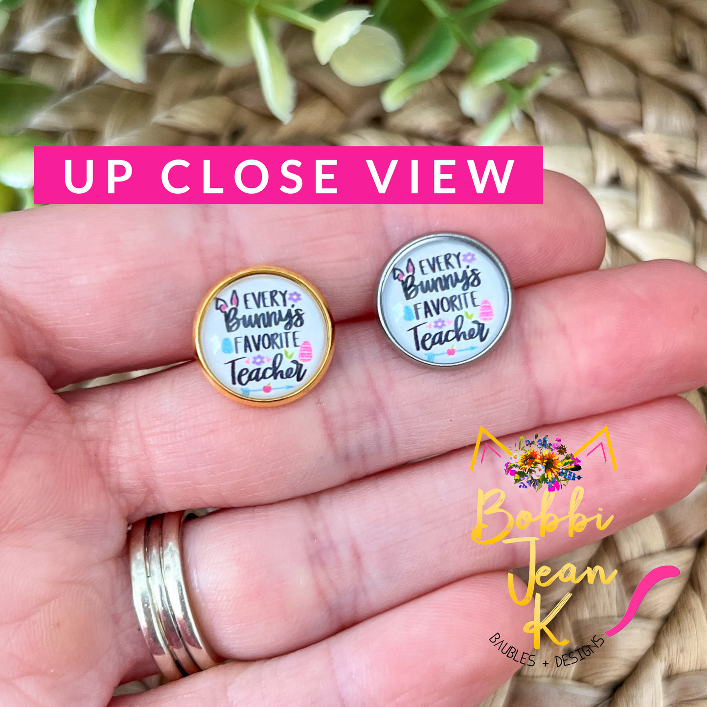 SALE: Every Bunny's Favorite Teacher Glass Studs 12mm: Choose Silver or Gold Settings - ONLY ONE LEFT