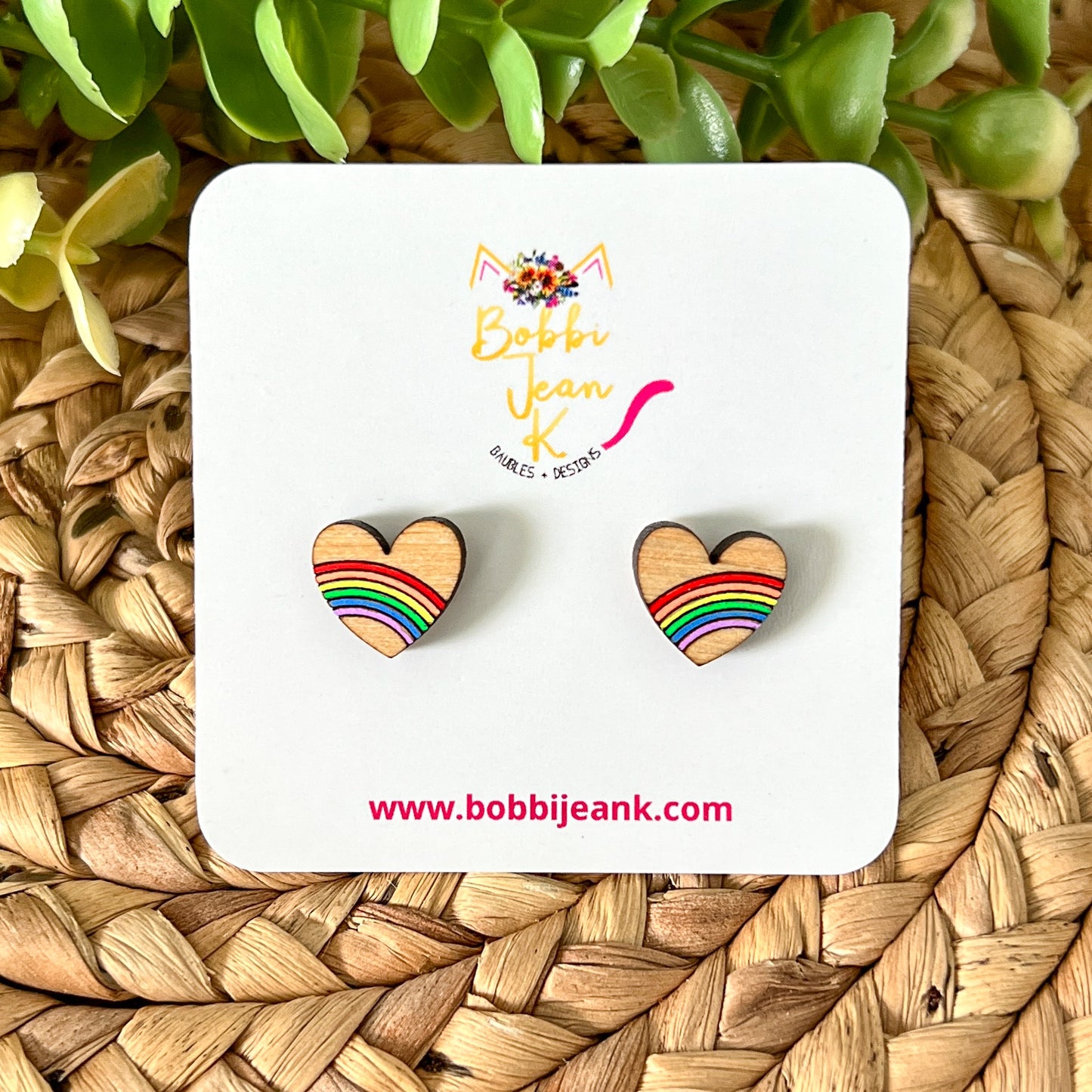 Hand Painted Rainbow Heart Wood Dangles or Studs - LAST CHANCE - DESIGN BEING DISCONTINUED