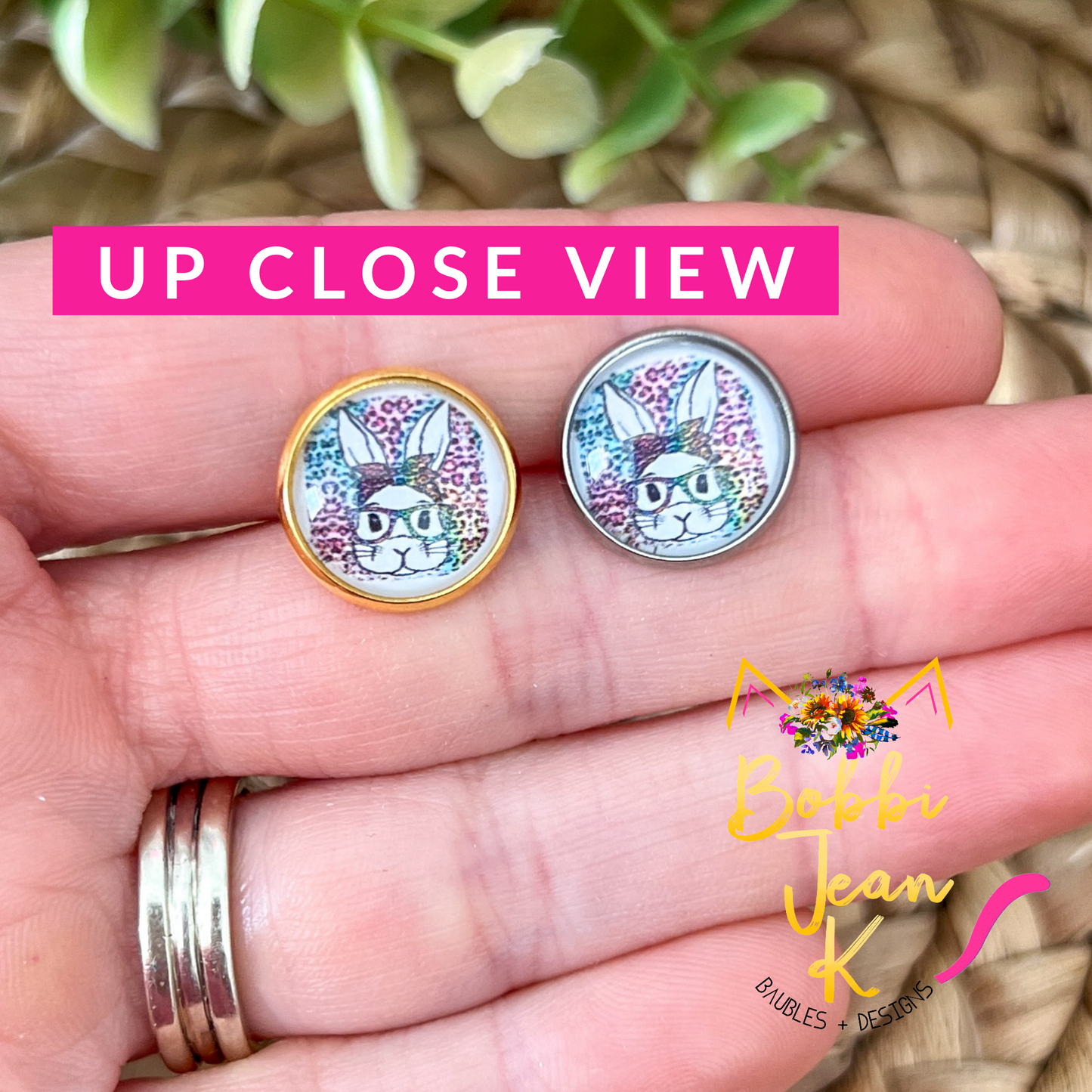 SALE: Bunny with Glasses Glass Studs 12mm: Choose Silver or Gold Settings - ONLY ONE LEFT
