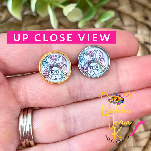 Bunny with Glasses Glass Studs 12mm: Choose Silver or Gold Settings - LAST CHANCE